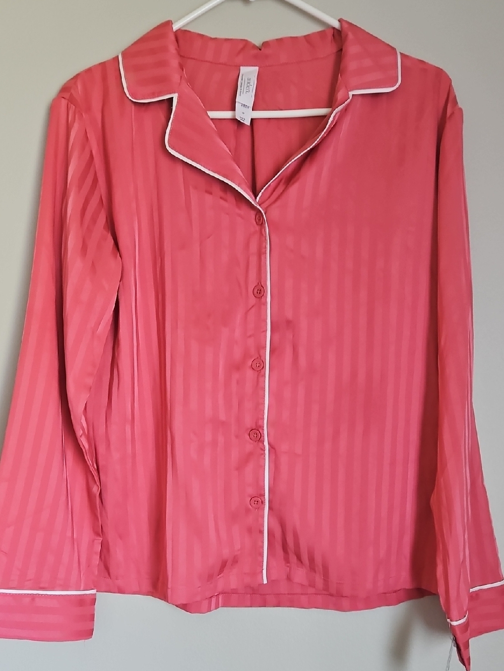 Auden Coral-Red Stripe Satin Pajama Top with White Piping